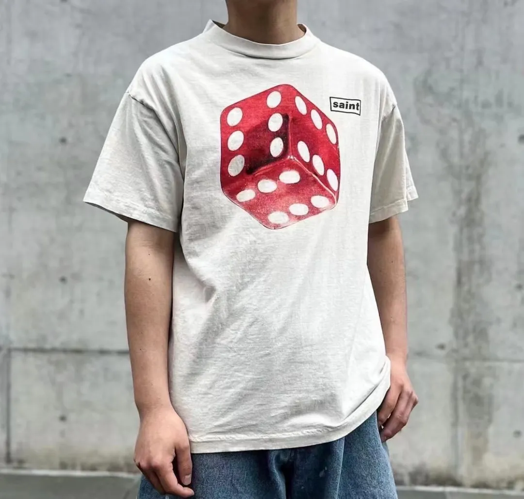 SAINT Mxxxxxx CIRCLE TEE/WHT SAINT dice printed washed short sleeves off-white S-XL cylindrical side seam fabric high weight cylindrical woven tee original development highly restored printing VINTAGE black label/wash label code correct/tag code correct Invincible details Top purchasing level
